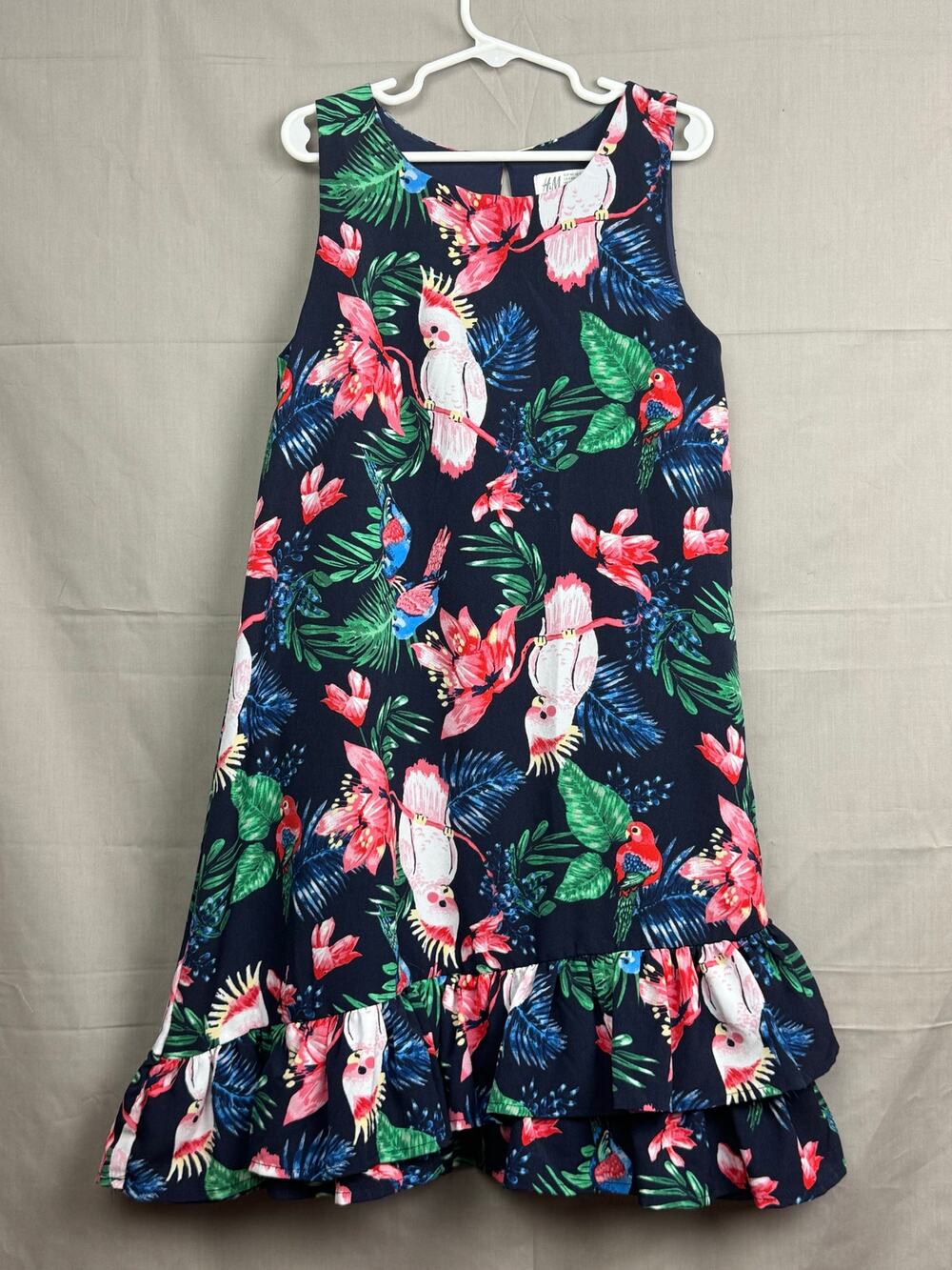 H & M Girls Navy Blue Cockatoo Flounced Dress, Size 9/10